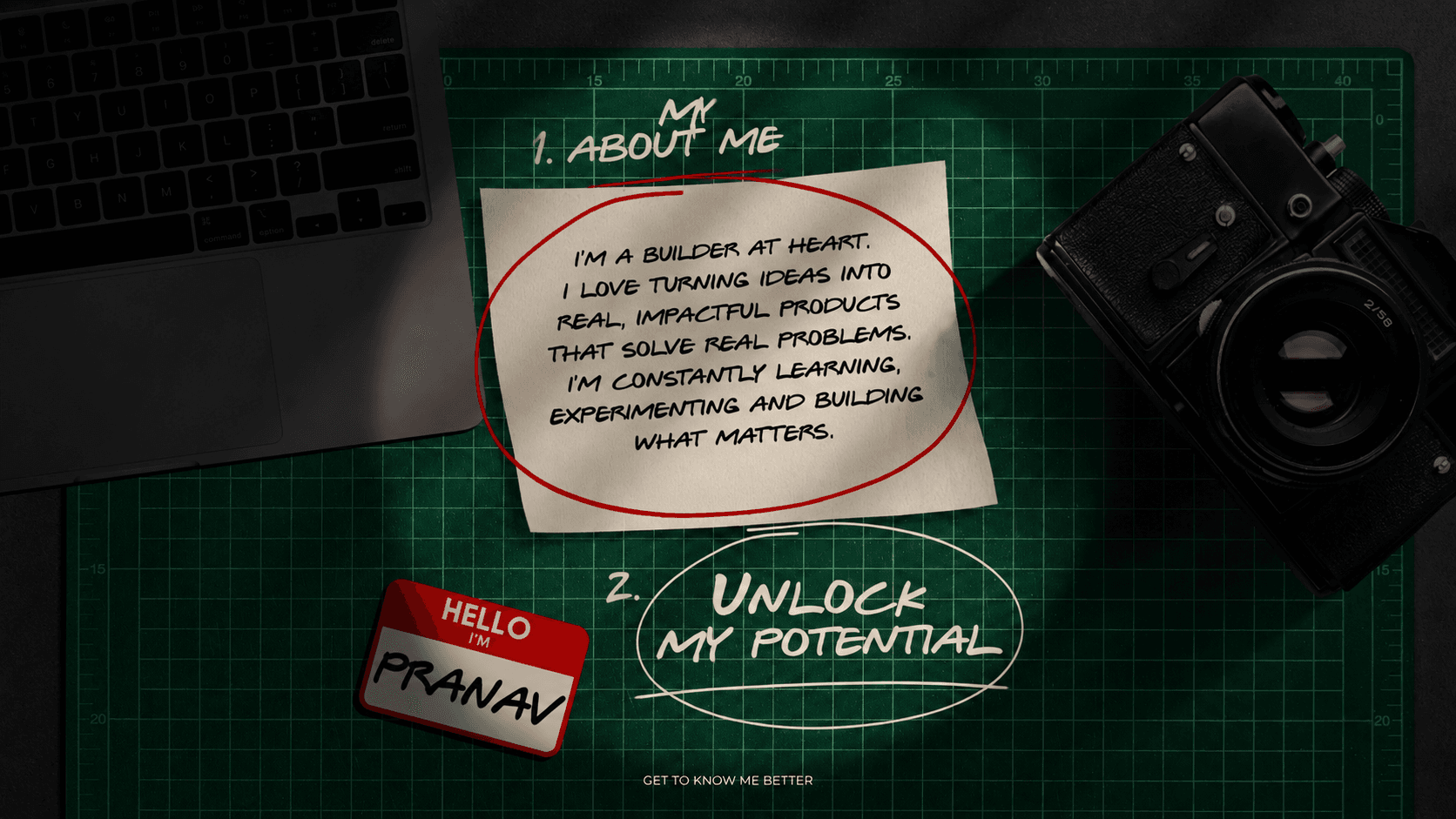 About me — handwritten notes pinned to a cutting mat