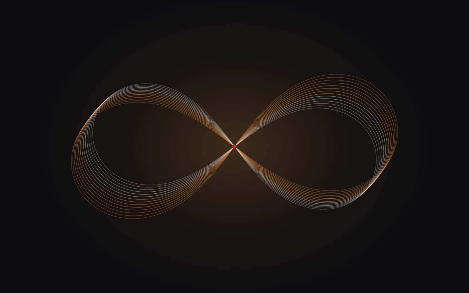 A Möbius band drawn as stacked line art, warm orange turning to white across the half-turn