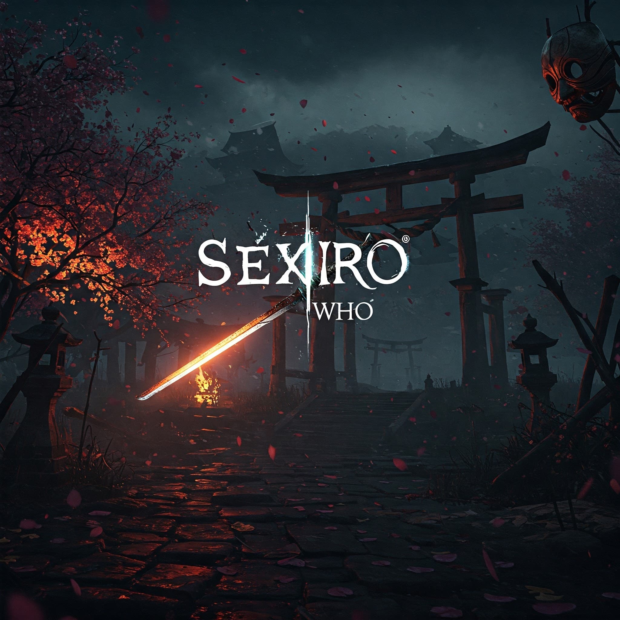 SekiroWHO key art — a torii gate and a glowing blade in a dark forest