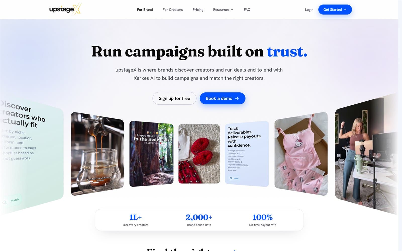 The upstageX homepage — “Run campaigns built on trust”